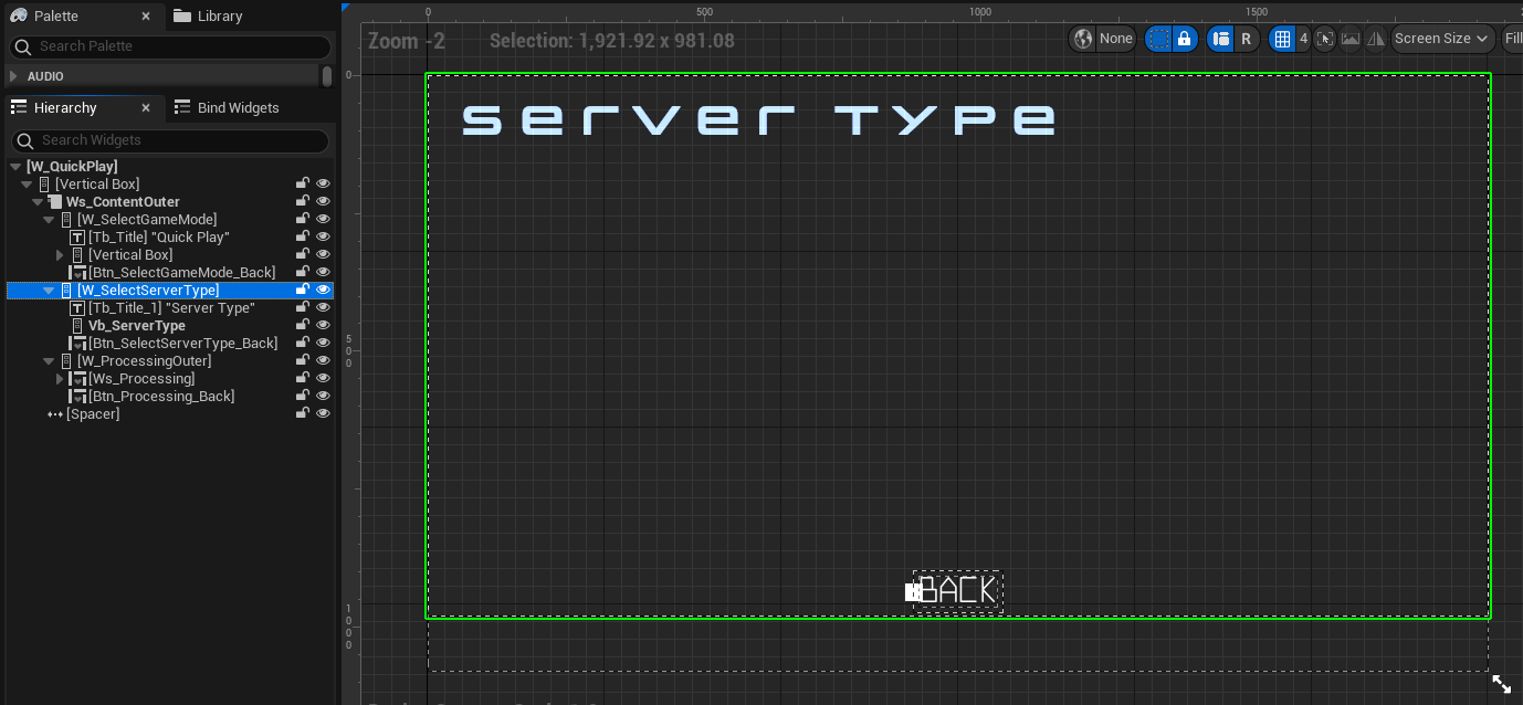 Preview of Quick Play widget&#39;s Select Server Type state Unreal Byte Wars quick match peer-to-peer