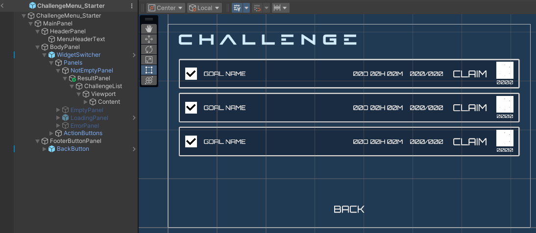 Challenge menu Unity Byte Wars challenge