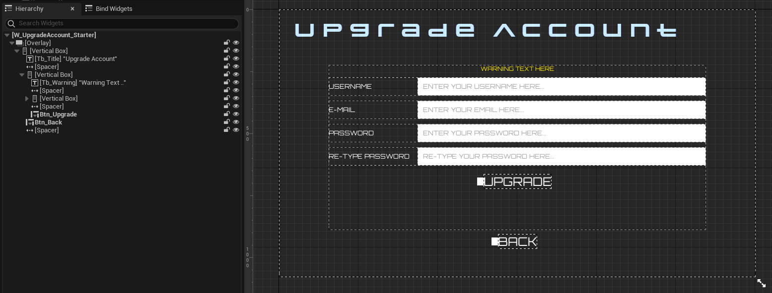 Upgrade account widget Unreal Byte Wars In-game registration