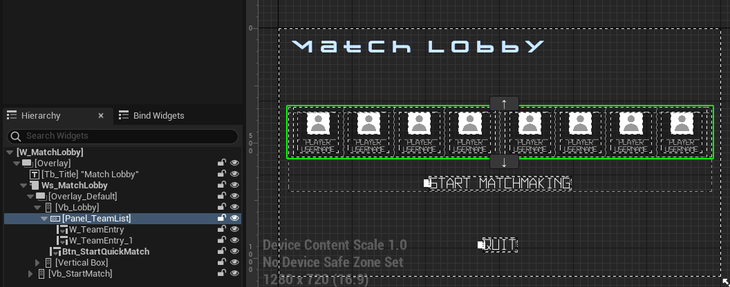 Preview of Match Lobby widget Unreal Byte Wars quick match dedicated server