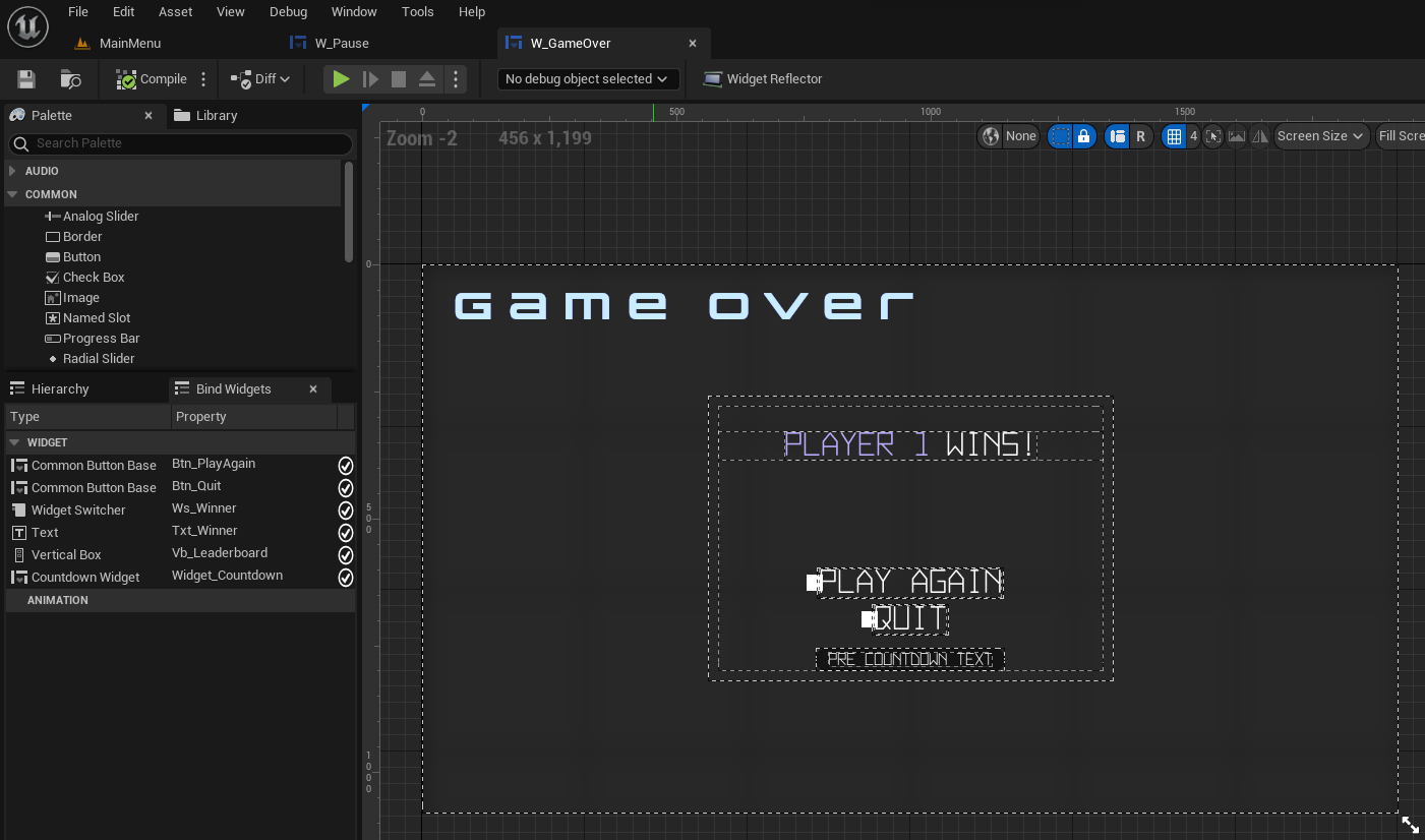 Preview of Game Over widget Unreal Byte Wars quick match dedicated server