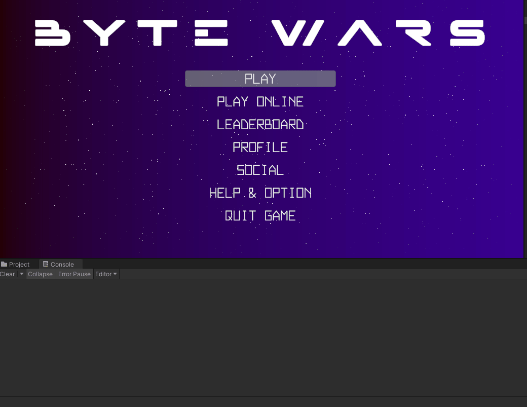 A GIF of selecting a new game session in Byte Wars in the Unity Editor Unity Byte Wars introduction to session