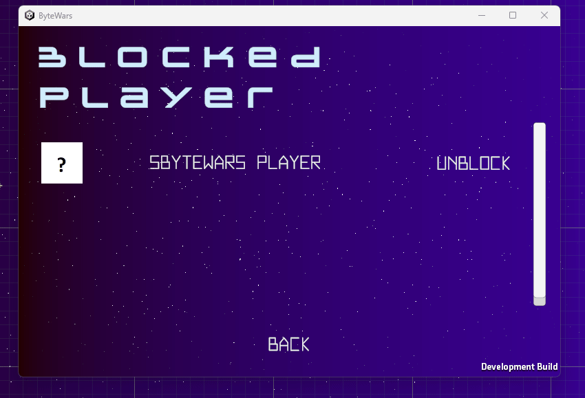 Test to Unblock a player Unity Byte Wars manage friends
