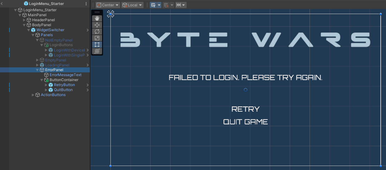 Error state preview Unity Byte Wars device ID