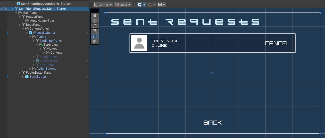 Sent friend requests widget Unity Byte Wars add friends