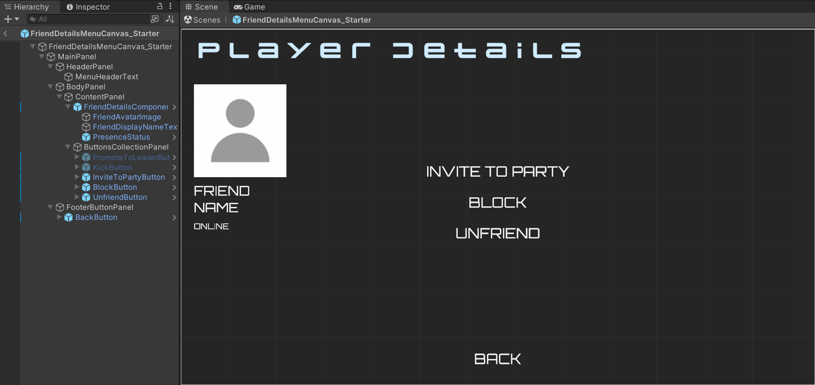 Friend Details Menu Canvas Unity Byte Wars friend list