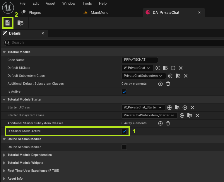 Activate Tutorial Module Data Asset starter mode