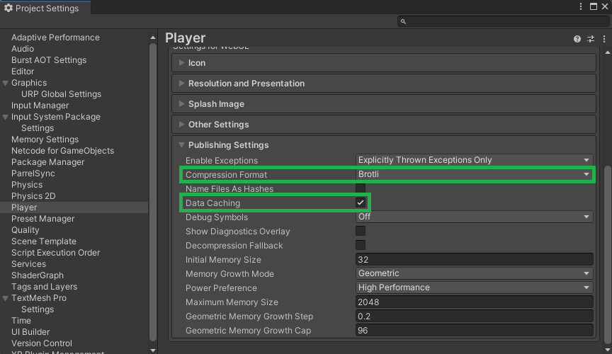 Project Settings window in Unity with the compression settings highlighted Unity Byte Wars initial setup