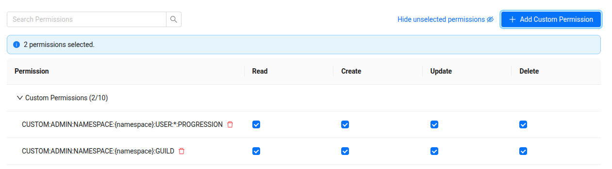 Image shows the Custom Permissions list in Shared Cloud