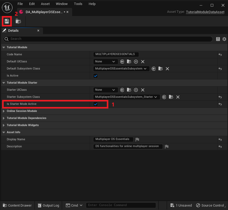 Unreal editor with Is Starter Mode Active selected in the DA_MultiplayerDSEssentials data asset