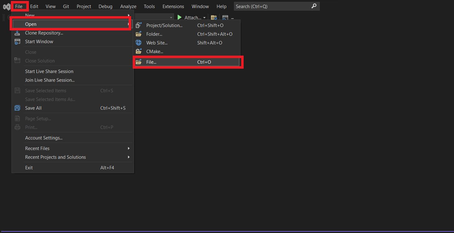 Image shows opening the dump file in Visual Studio