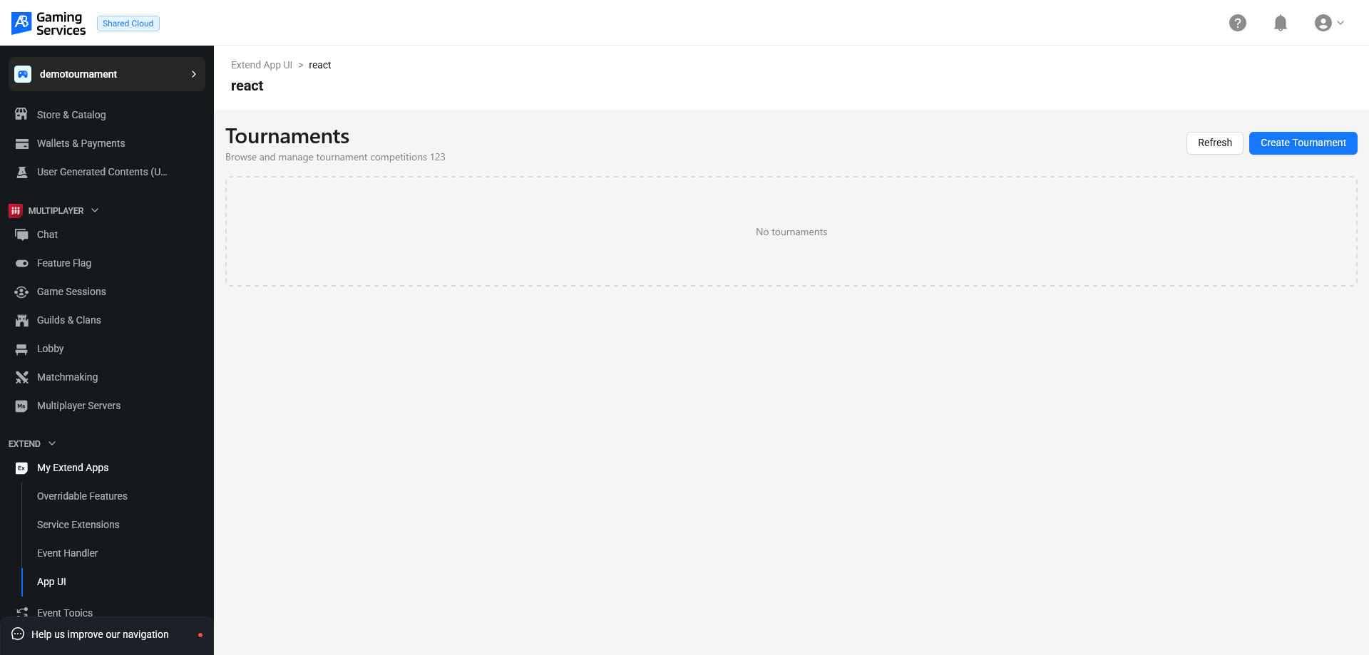 The react template App UI displayed in the AGS Admin Portal