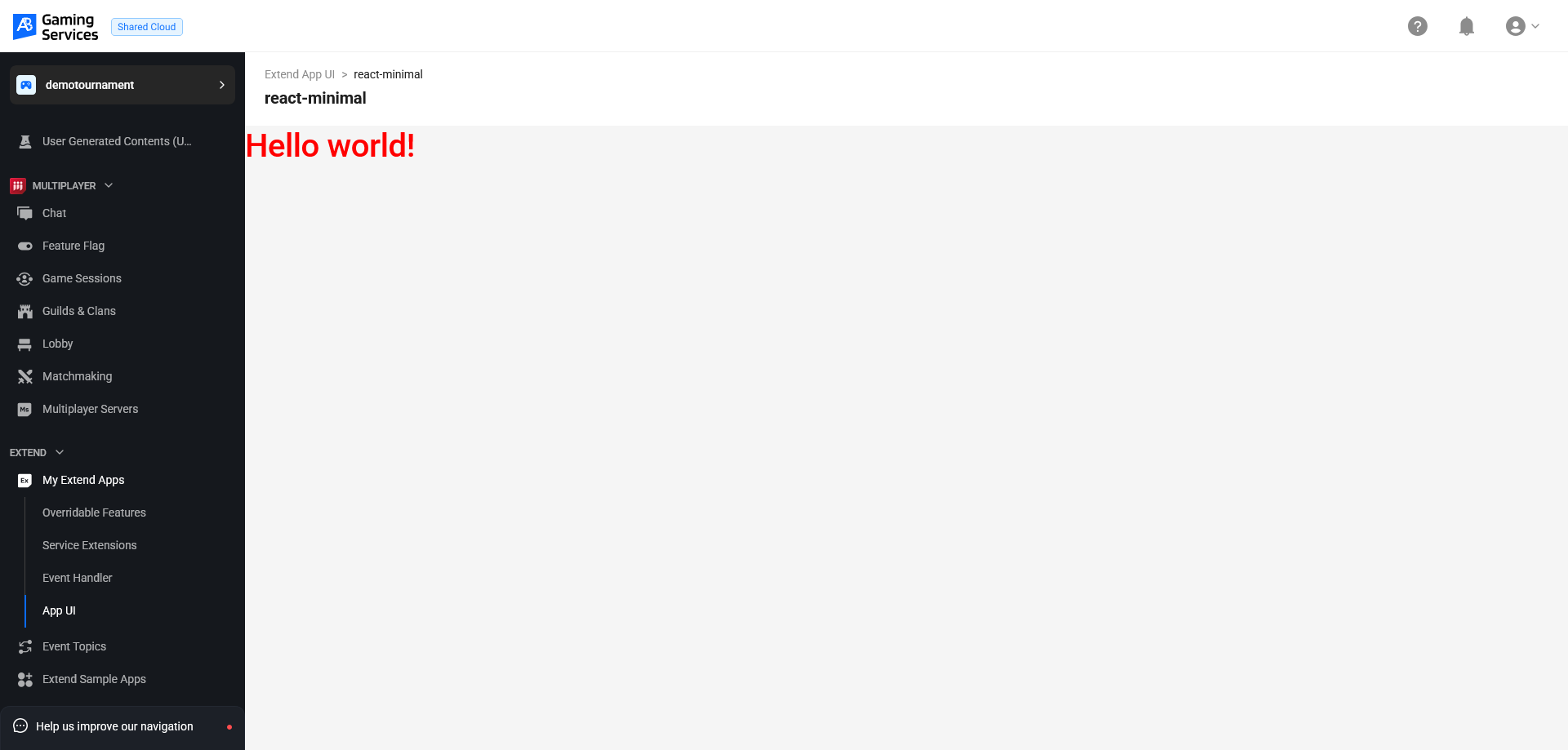 The react-minimal template App UI displayed in the AGS Admin Portal