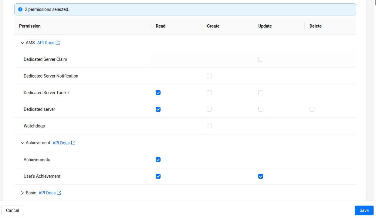 Image shows the perdefined AGS permissions list in Shared Cloud