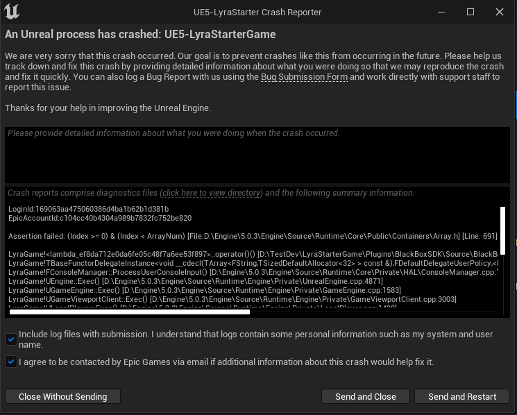 This image shows Unreal&#39;s An Unreal Process Has Crashed window